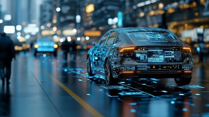 Self-driving car displays futuristic holographic route data navigation real-time interface. AI generated