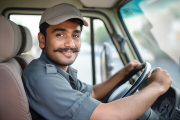 Indian delivery van driver sits in uniform, smiling at camera. Man wears gray shirt, black, holds steering wheel. Driver face shows contentment, satisfaction. Delivery van interior visible with