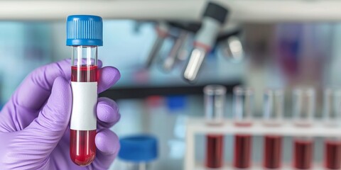 Laboratory science experiment with gloved hand holding test tube of red liquid in a research setting for medical chemical analysis and safety