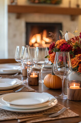 Festively set dining table with bouquets of fall flowers, decorative pumpkins and candlesFestively set dining table with bouquets of fall flowers, decorative pumpkins and candles