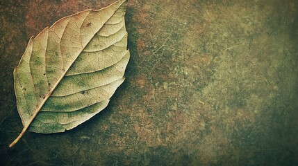   A green leaf rests atop a brown floor adjacent to a wall with alternating shades of green and brown, framed by a black border