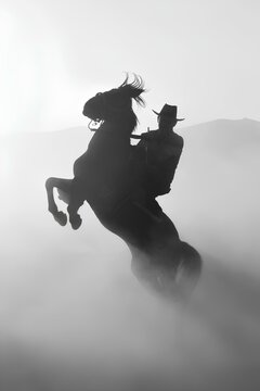 jumping black horse with hatman