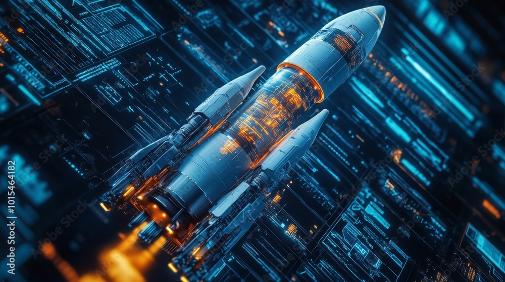 Poster a detailed depiction of a white rocket with exposed internal mechanisms, launching upwards against a