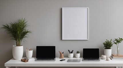 A study or a small office room interior design with decoratives, accessories and a black poster frame mock-up on the wall 3d illustration.