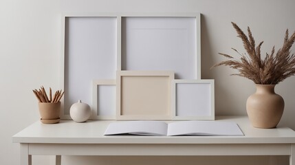 A study or a small office room interior design with decoratives, accessories and a black poster frame mock-up on the wall 3d illustration.