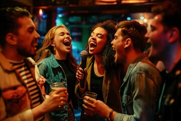 Group of friends enjoy night out at bar. People gather around table, singing karaoke, laughing, chatting. Casual, relaxed atmosphere. Neon sign above counter, warm, microphone, voice, music,