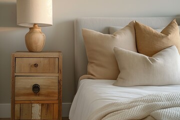 Bedroom interior design with farmhouse style bed and white headboard. Beige pillow and wooden nightstand with lamp and flowers. Light gray wall, calm atmosphere.