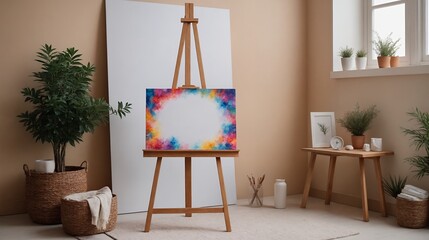The activity or an artwork room interior design with decoratives, accessories and poster frame mock-up on the wall 3d illustration.