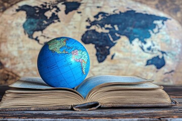 Exploring knowledge and geography a vivid globe on a classic book against a world map symbolizing education travel and global awareness