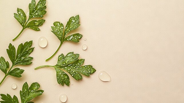   A cluster of green foliage with water droplets on a white backdrop and a soft pink backwall