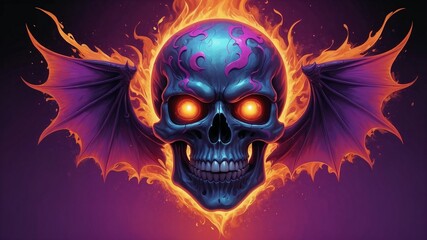 Fototapeta premium A firey skull with large bat wings behind the skull and with purple background