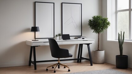 A study or a small office room interior design with decoratives, accessories and poster frame mock-up on the wall 3d illustration.