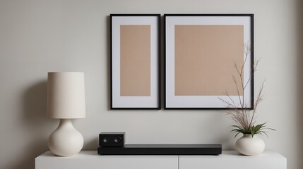 A living room interior with golden accessories and poster frame mock-up on the wall 3d illustration.