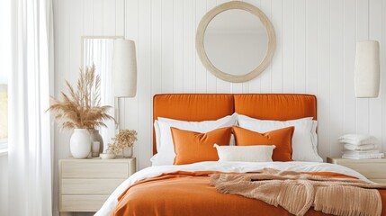 A bedroom with white walls and a large, orange headboard. The bed is made with white linens and a fluffy orange blanket
