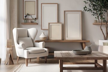 Scandinavian living room interior design with armchair, wooden coffee table, bookshelf. Light gray walls, white picture frames, plant on windowsill. Serene atmosphere, natural light floods the space.