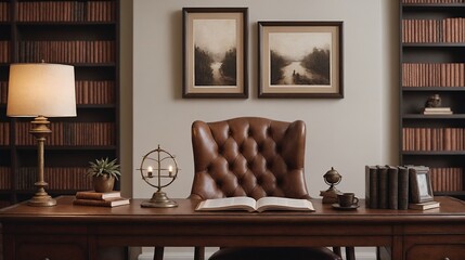 A study or a small office room interior design with decoratives, accessories and poster frame mock-up on the wall 3d illustration.