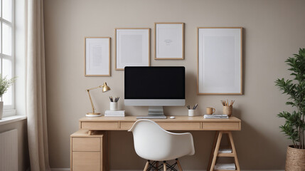 A study or a small office room interior design with decoratives, accessories and poster frame mock-up on the wall 3d illustration.