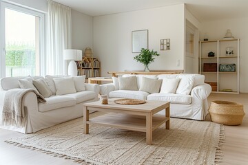 Fototapeta premium Serene living room with large window letting natural in. White sofa, armchair for comfort. Coffee table with vase, flowers, book. Geometric pattern rug adds warmth, texture. Wooden bookshelf against