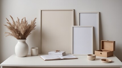 A living room interior with poster frame mock-ups on the wall 3d illustration.