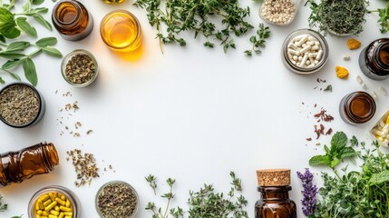 Herbs and essential oils on white background. This image is perfect for blogs, websites, and social media posts about natural remedies, health, and wellness.