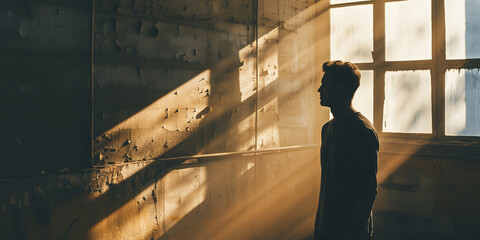 Fototapeta premium Silhouette of a Man in an Abandoned Room with Dramatic Light Rays