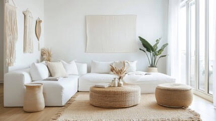 A bright, airy living room features a cozy white sofa adorned with neutral pillows. Natural elements like woven baskets and a potted plant enhance the serene atmosphere of the contemporary space.