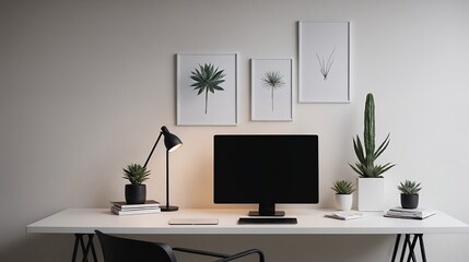 A study or a small office room interior design with decoratives, accessories and poster frame mock-up on the wall 3d illustration.