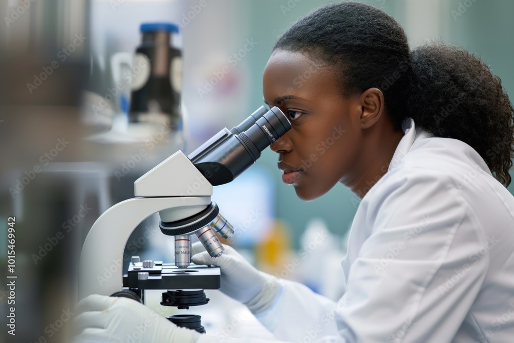 Aufkleber Black female scientist examines microscope in laboratory. Intently focused on equipment, possibly discovering or analyzing sample. Laboratory setting with various tools and instruments visible.