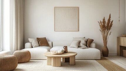 A modern living room with white walls and large windows. The room features a white sectional sofa with brown pillows, a large wooden coffee table, and a large vase of dried grass