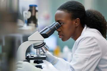 Black female scientist examines microscope in laboratory. Intently focused on equipment, possibly discovering or analyzing sample. Laboratory setting with various tools and instruments visible.