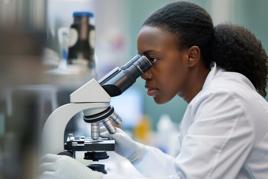 Black female scientist examines microscope in laboratory. Intently focused on equipment, possibly discovering or analyzing sample. Laboratory setting with various tools and instruments visible.
