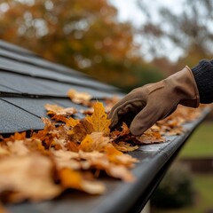 Autumn roof gutter cleaning maintenance, hand in gloves, side angle view