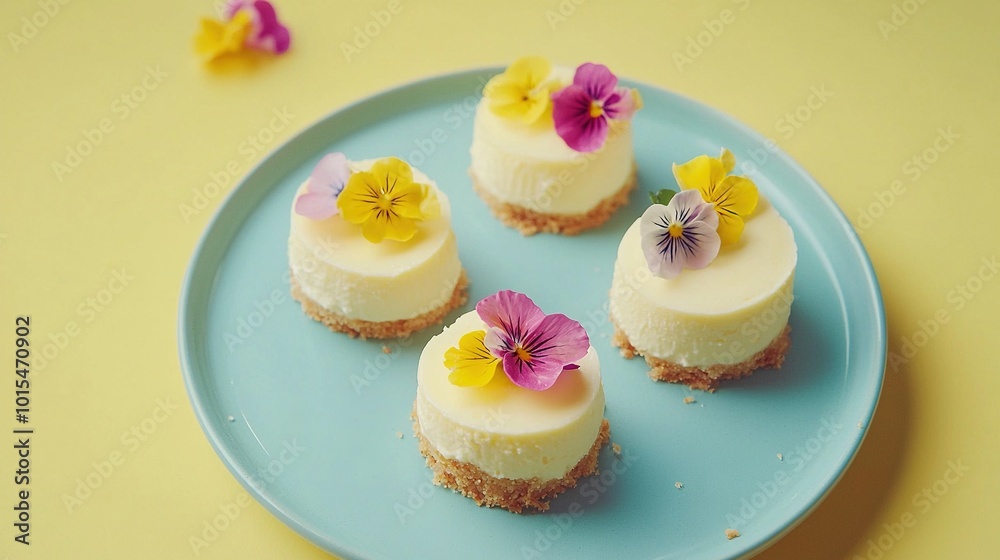 Wall mural   A blue plate with four frosted desserts and pansies on a yellow table