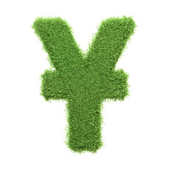 Obraz premium Yen currency symbol creatively shaped from green grass, symbolizing eco-friendly finance, sustainability, or green economy concepts. 3D icon, sign and symbol. 3D render illustration