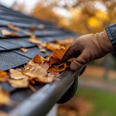 Autumn roof gutter cleaning maintenance, hand in gloves, side angle view