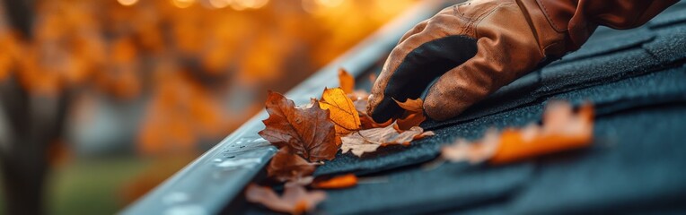 Autumn roof gutter cleaning maintenance, hand in gloves, side angle view