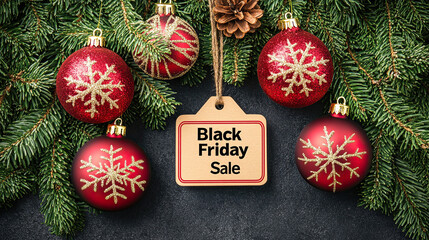 Black friday sale and christmas decorations on surface or table