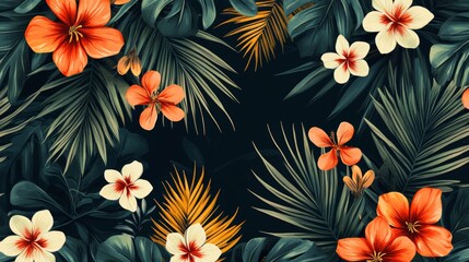 Naklejka premium Tropical Floral and Leaf Pattern Design for Fabric Embracing Nature's Beauty with Vibrant Colors for Fashion Home Decor and Textile Projects