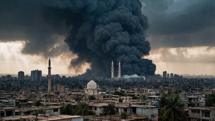 Fototapeta premium A Middle Eastern city after big explosion and huge clouds of smoke on the city during war - Generative Ai