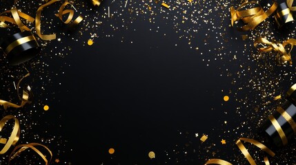 Top down view of a glamorous New Year's party scene with shiny black and gold streamers and confetti on a sleek black background for festive celebration
