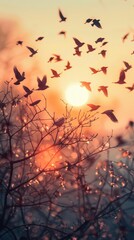 A flock of birds flying towards a bright sunrise, hopeful and free, Nature, Soft tones, Photograph, Morning flight