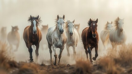 Fototapeta premium A herd of wild horses galloping across the plains, dynamic and energetic, Nature, Soft tones, Photograph, Natural freedom