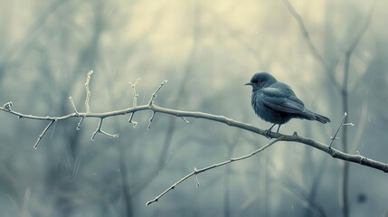 Obraz premium A lone bird perched on a bare branch in winter, quiet and vulnerable, Nature, Cool tones, Photograph, Winter solitude
