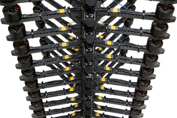 A stack of fpv body drones with four engines and frontal cameras. Each drone is equipped with...