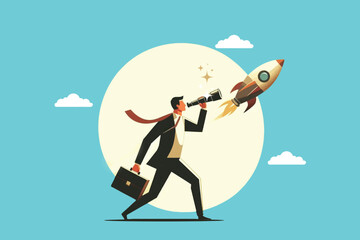 Confident businessman looking at flying rocket with telescope