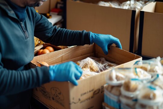 Person in blue shirt, gloves packs food in cardboard box. Various food items, cartons of eggs, milk, orange juice on table. Oranges on tablecloth, indoor setting, organized group. People helping,