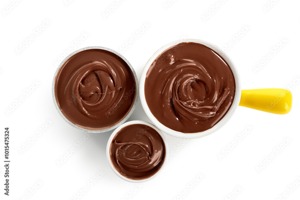 Poster Bowls of tasty melted chocolate on white background