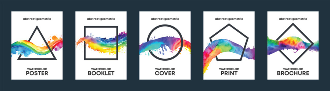Watercolor rainbow background over geometric frame vector design headline, logo and sale banner template set