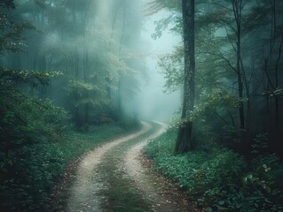 Foggy forest path leading into the unknown, mysterious and intriguing, Nature, Cool tones, Photograph, Enigmatic journey