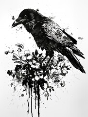 Fototapeta premium Black and white ink illustration of a crow perched on a branch with flowers and ink splatters.
